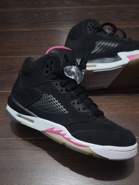 Jordan 5 Women's Black and Pink Retro High-Top Sneakers